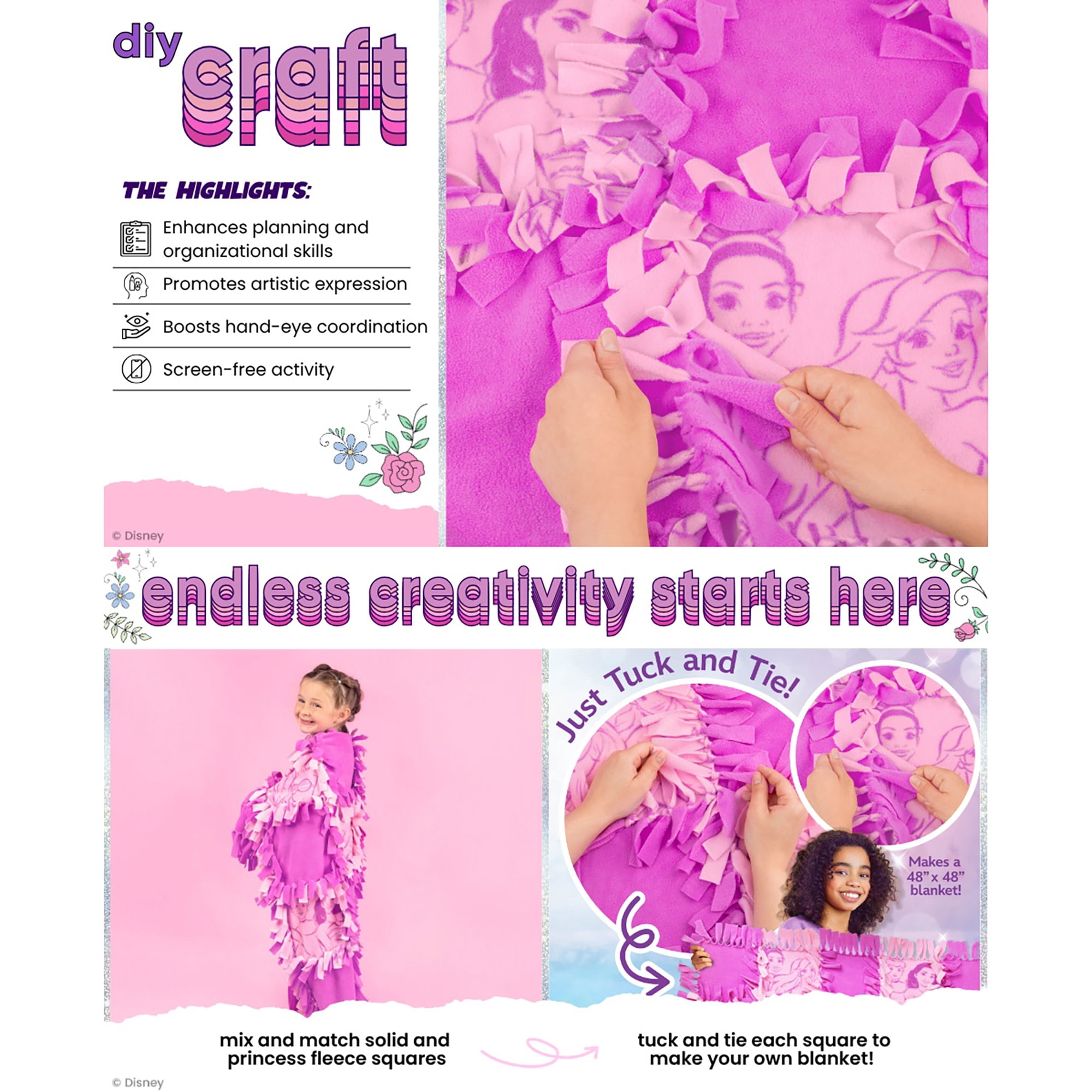 Fashion Angels: No-Sew Blanket - Disney Princess - DIY 48" Blanket Craft Kit, Just Tuck & Tie, Pink-Lavender-Character Polar Fleece Squares, Kids 6+
