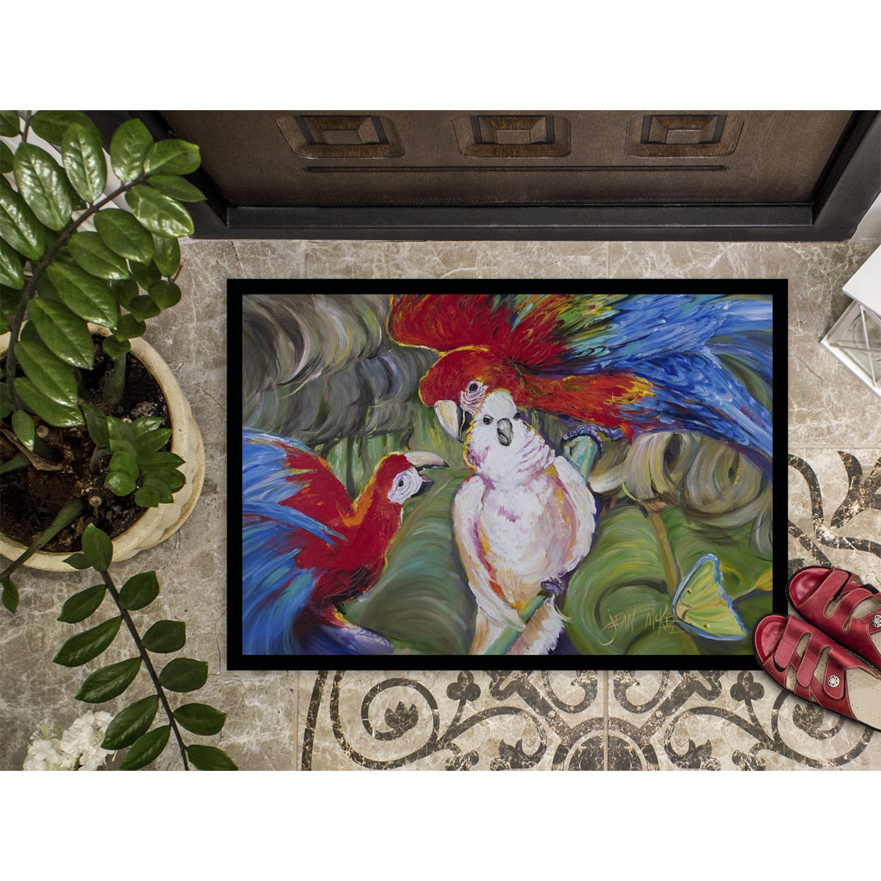 Carolines Treasures JMK1018JMAT Menage-a-trois Parrots Door Mat Indoor Rug or Outdoor Welcome Mat 24x36 Doormat  36"L x