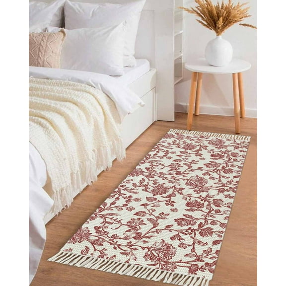 Red Boho Flower Hallway Runner Rug 2x6ft,Vintage Paisley Farmhouse Pattern Washable Woven Living Room Bedroom Kitchen Bathrom Carpet with Tassels,Indoor Outdoor Throw Door Mat for Entryway