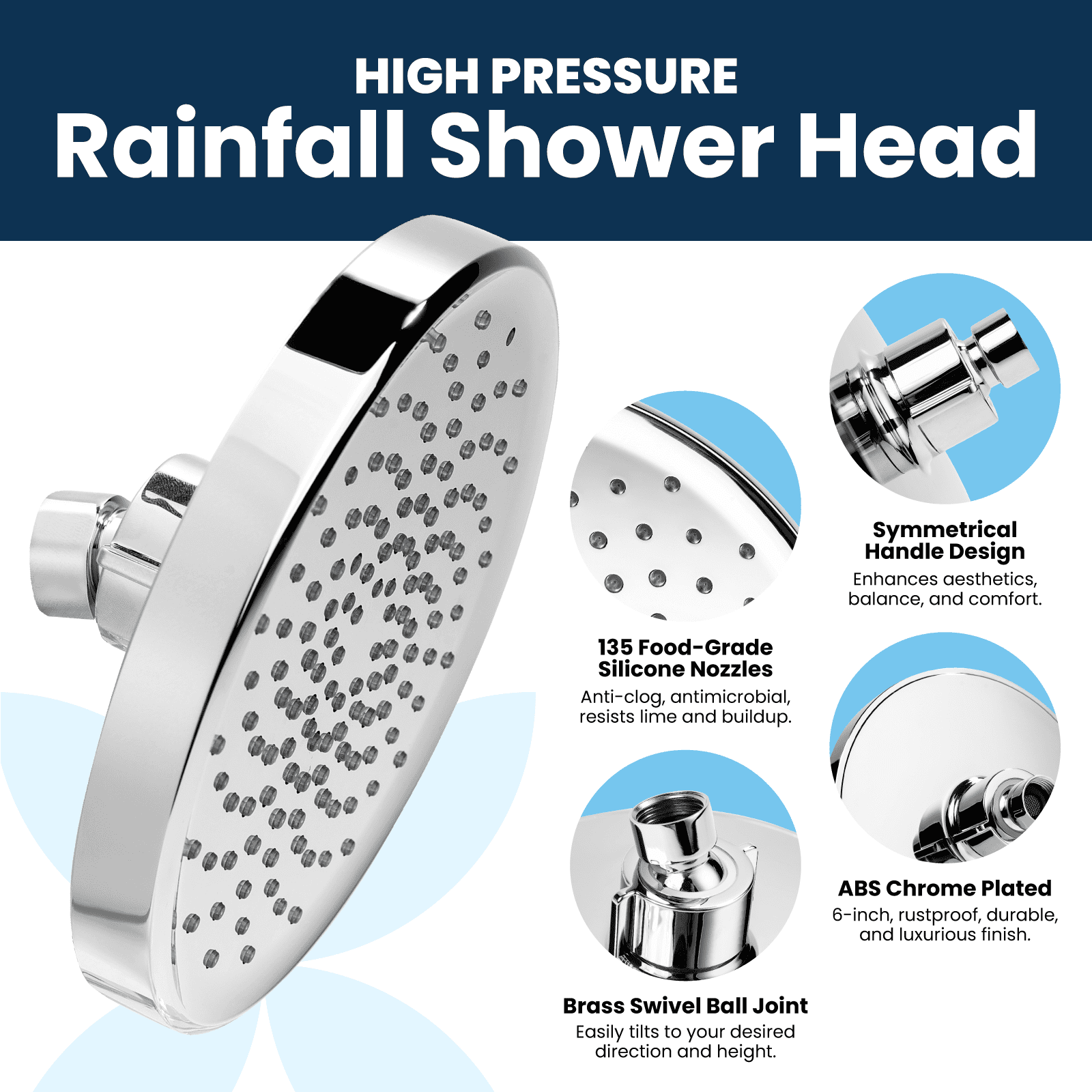 (2 pack) Liba 6-inch High Pressure Shower Head, Chrome Plated Brass, Silicone Nozzles Spray