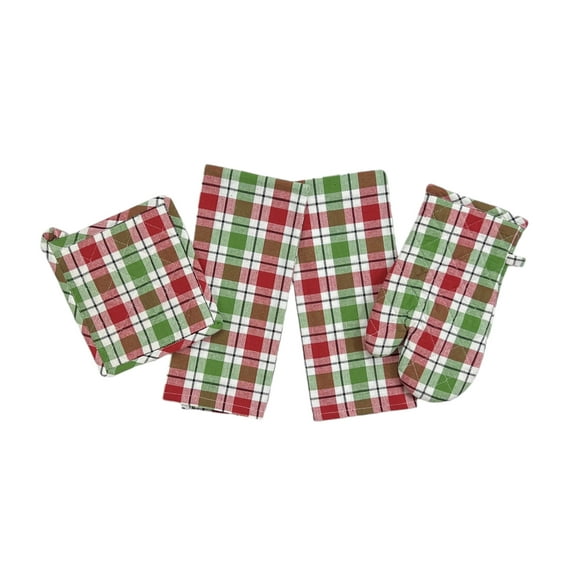 Serafina Home Red, Green And White Plaid Kitchen Set With Two Towels And Ovenmitt And Potholder