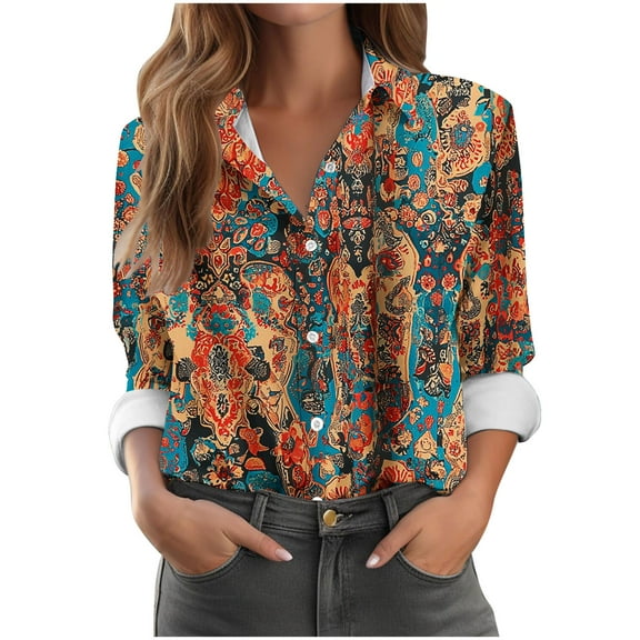 Hueook Tie Dye Shirt Women Fashion Women's Casual Printed Comfortable Long Sleeved Button Blouse T-Shirt Top Brown XL