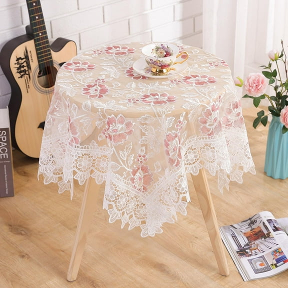 Retro Round Lace Tablecloth 90cm Embroidered Table Cover Decorative Dining Doily for Wedding & Cafe, White with Pink Flora