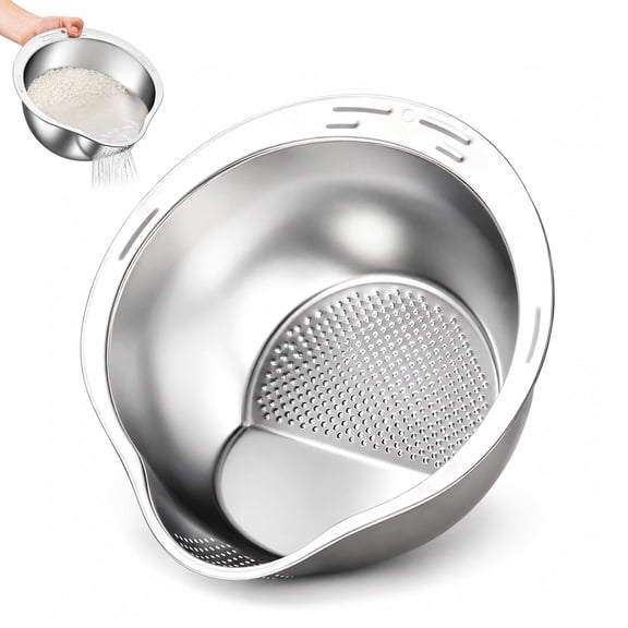 Rice Washer Strainer Bowl, Stainless Steel Rice Washing Bowl with Side Drain for Rice, Quinoa, Grains, Beans, Fruits and Vegetables, Versatile Kitchen Tool