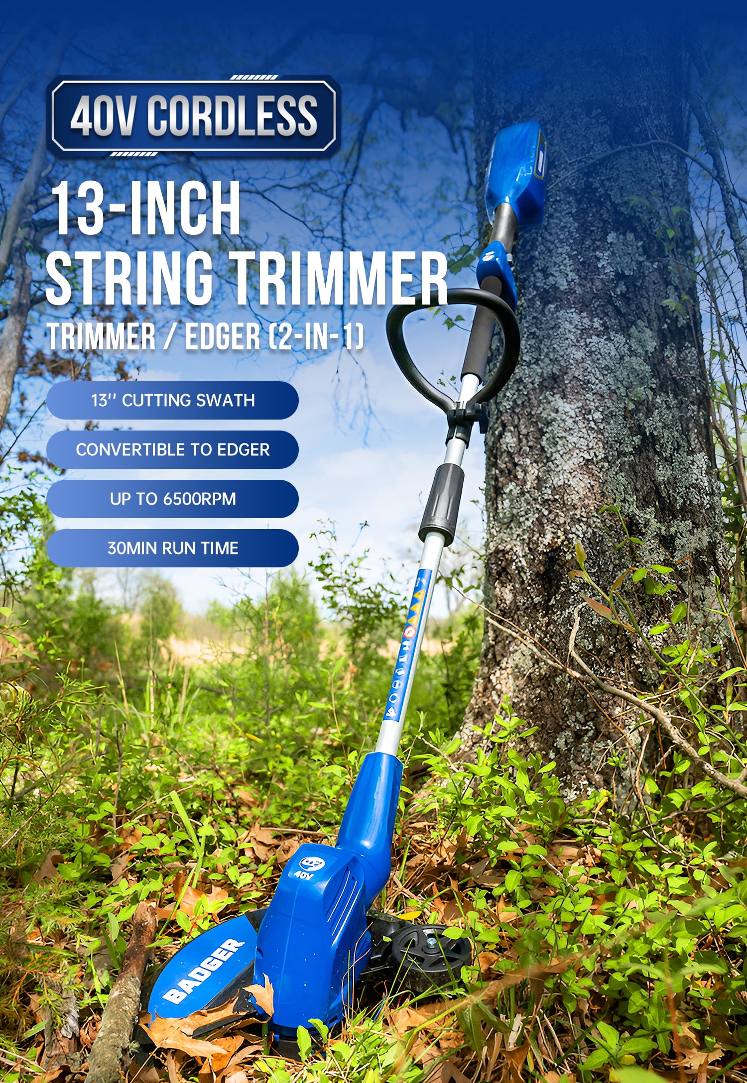 WILD BADGER POWER 40V String Trimmer 13'', 2.0 Ah Battery and Charger, 2 Pack Line