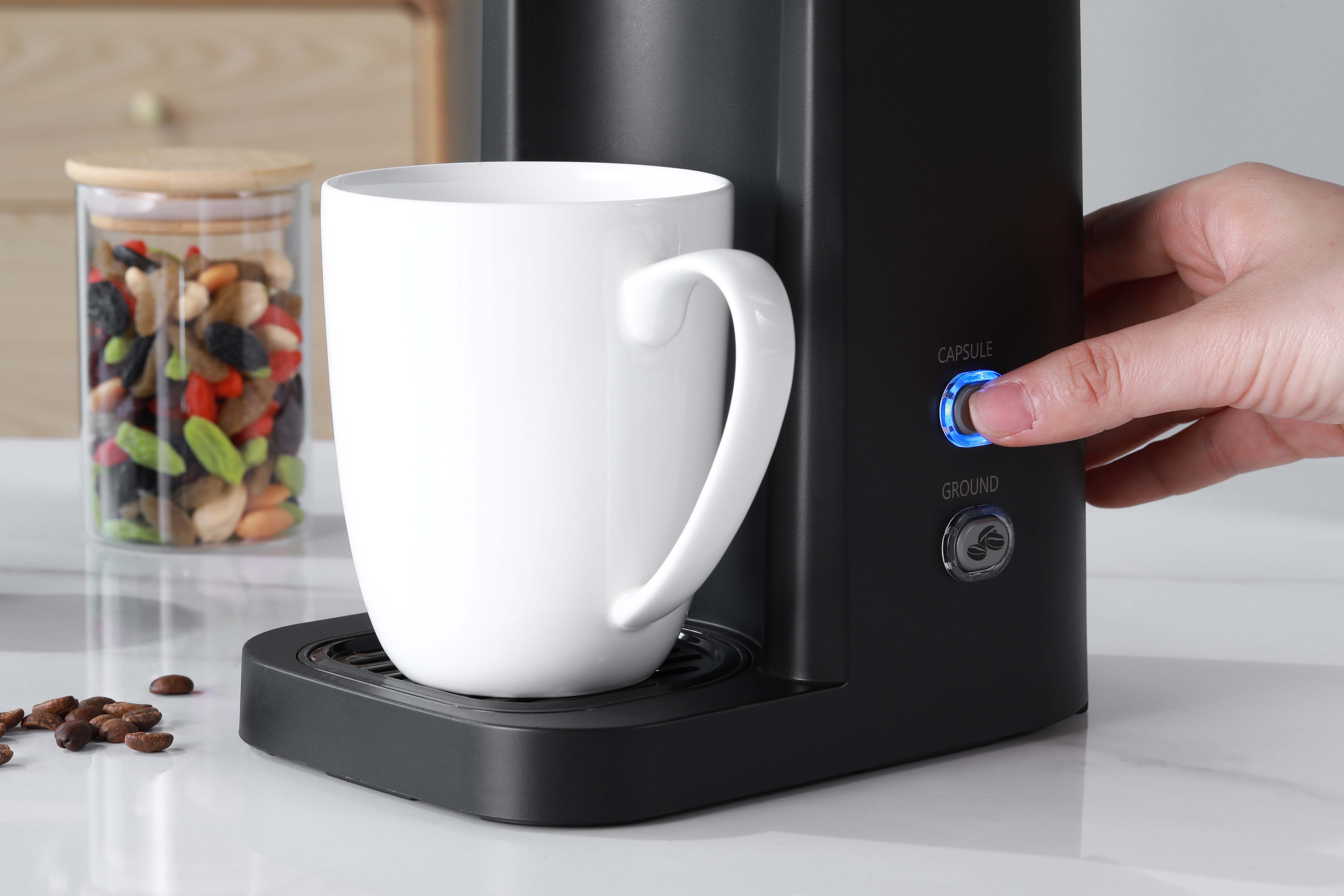 MAINSTAYS BLACK MATTE DUAL BREW COFFEE MAKER, SINGLE SERVE, AUTO SHUTOFF, 14 OZ RESERVOIR