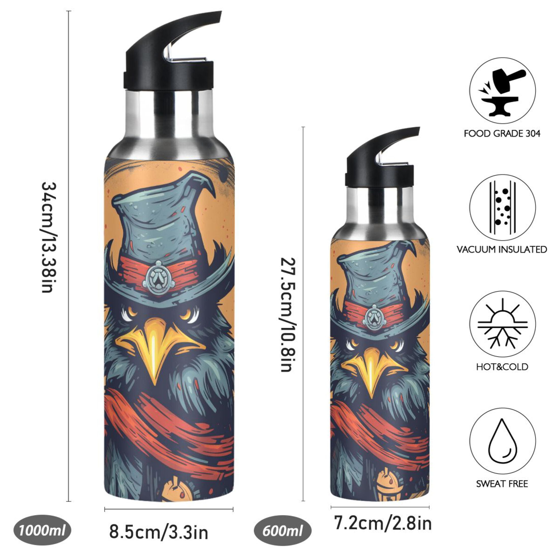 Eagle Hat Circle Sports Water Bottle with Straw Lid Insulated Stainless Steel Leak Proof BPA Free Thermal Mug with Handle for Gym Yoga Cycling Camping