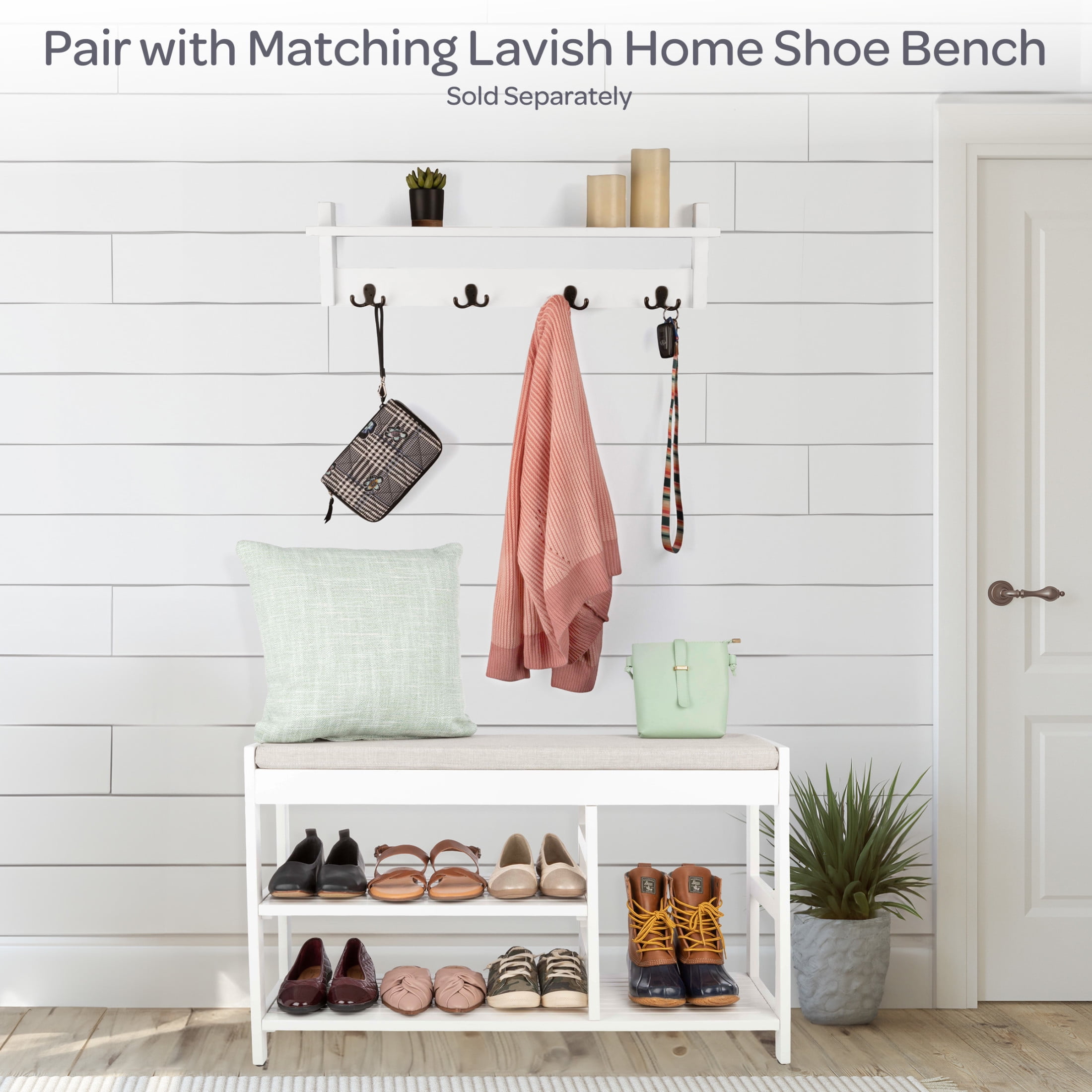Lavish Home Coat Rack with Shelf - Wall Mount Shelf with 4 Hooks (White)