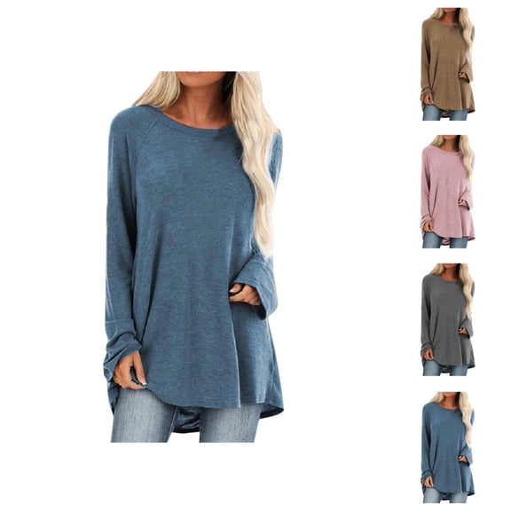 Long Sleeve Shirts for Women 2026 Spring Plus Size Plain Crewneck Oversized Tshirt Blouse Tunic Tops