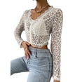 thumbnail image 3 of Gzhioc Women's Sheer Lace Crop Tops, Long Sleeve Solid Color Single-Row Clasp Slim Fit Shirts, 3 of 7