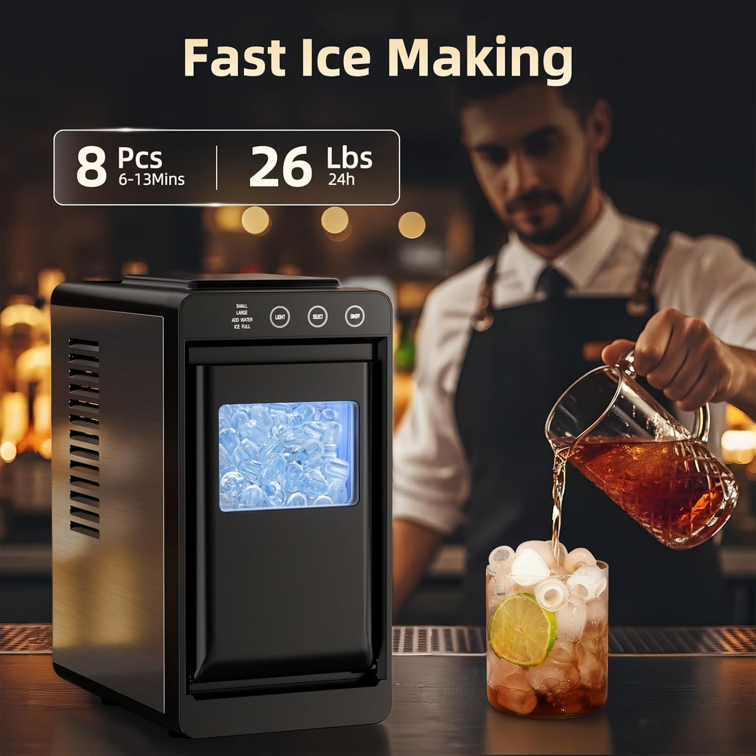 Ice Makers Countertop,26Lbs/24H,8Pcs in 6Mins,Portable Ice Maker Machine with 0.8 L Water Tank,Self-Cleaning,Interior Lighting,2 Sizes of Bullet Ice for Home/Office/Party/Kitchen/RV/Camping(Black)