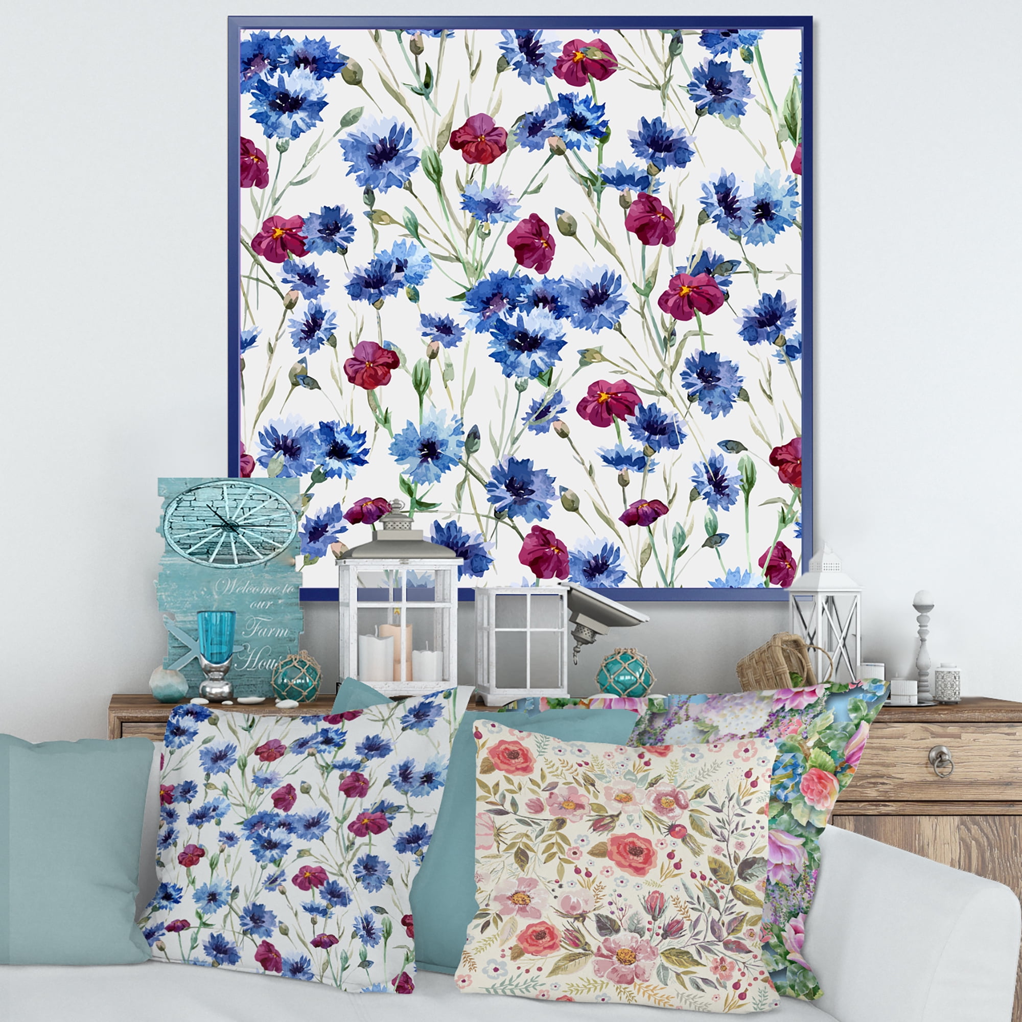 Designart 'Red and Blue Wildflowers' Traditional Framed Canvas Wall Art Print