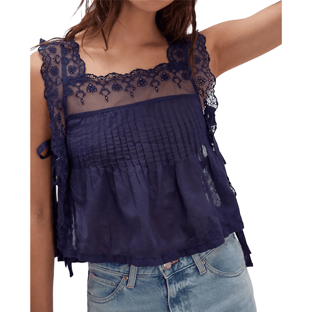 Camiseta Sin Mangas de Encaje Y2K para Mujer, con Abertura Lateral y Lazo, con Volantes Transparentes, Ideal para Salir de Verano Azul Marino L