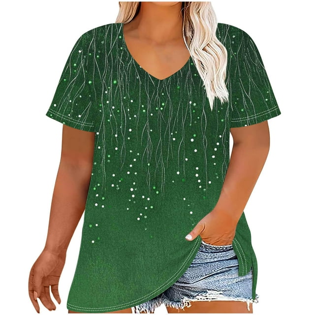 Chemises à Col en V pour Femmes Grande Taille Manches Courtes Imprimé Base T-Shirt 1 Pce