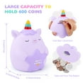 thumbnail image 6 of Unicorn Piggy Bank for Girls, Unbreakable Kids Piggy Bank with 2 Alphabet & 2 Rhinestone Stickers & Unicorn Bracelet Set, Coins Money Banks for Kids Toddlers, Christmas Unicorn Gifts for Girls Purple, 6 of 8