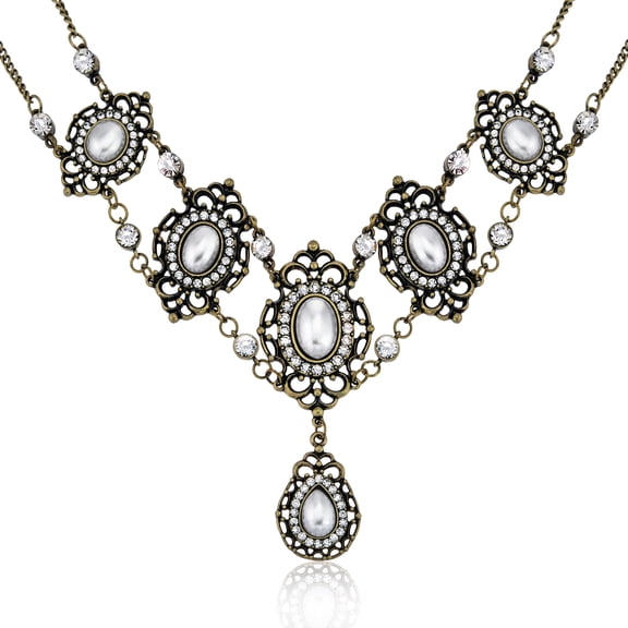 Elegant Victorian Style Pearl and Crystal Statement Necklace - Vintage Inspired Wedding Jewelry Necklace Gold