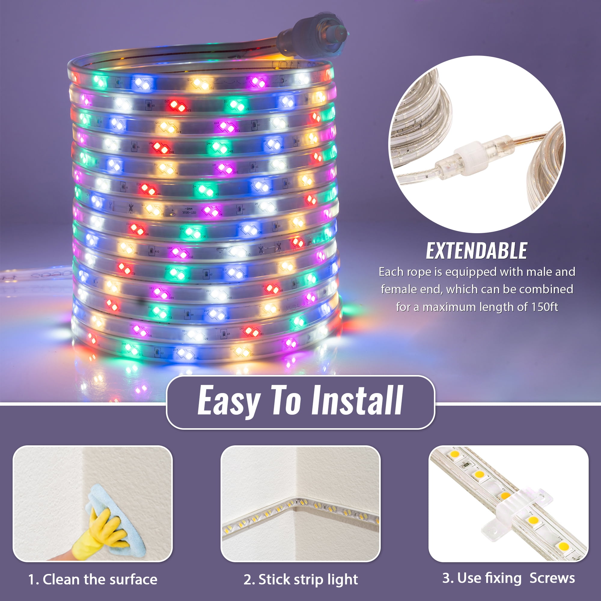 WYZworks 1860LEDs 100ft Colorful 16-Mode Flat LED Outside Strip Lights, SMD 2835, Waterproof Permanent Heavy Duty Outdoor Exterior Accent Lighting, ETL Certified, Connectable Flexible Clear PVC Shell