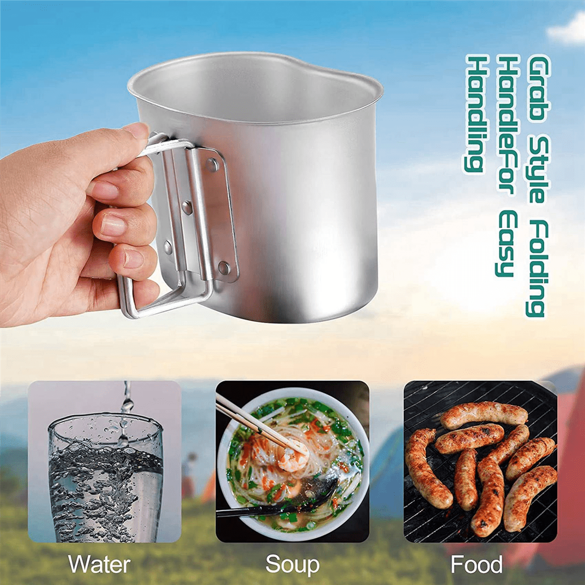 2X Outdoor Canteen Cookware Set Canteen Cup Portable Water Bottle with Grab Handle Cup for Outdoor Camping Hiking