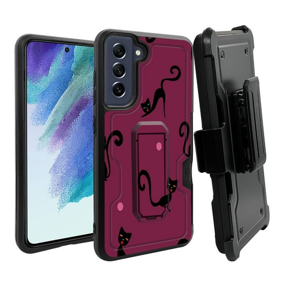 ANJ Rugged Dual Layer Shockproof Holster Case w/Card Slot, Kickstand Tempered Glass for Samsung Galaxy S21 FE 5G - Black Cat