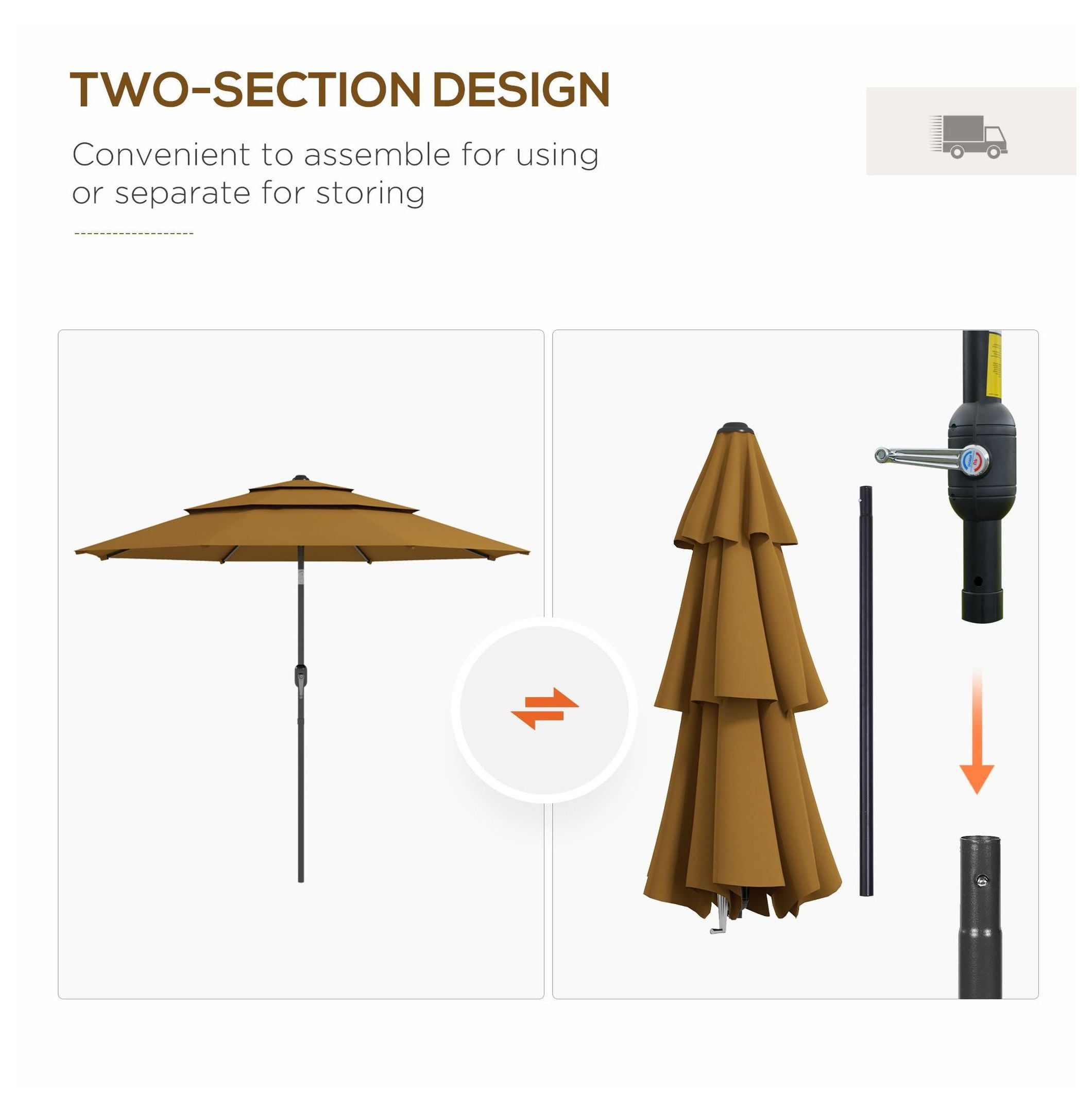 9FT Patio Umbrella Outdoor, 3-Tier Tan Crank Tilt Market Umbrella for Deck Backyard Lawn Sun Shade