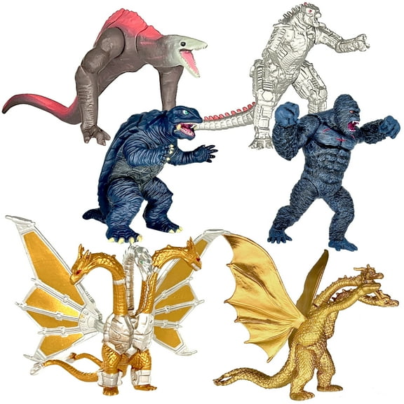 Exclusive Set of 6 Monster Dinosaur vs Kong Toys Movable Joint Action Figures, King of The Monster Dinosaur Ghidorah Skull Crawler Mecha Cake Toppers Pack