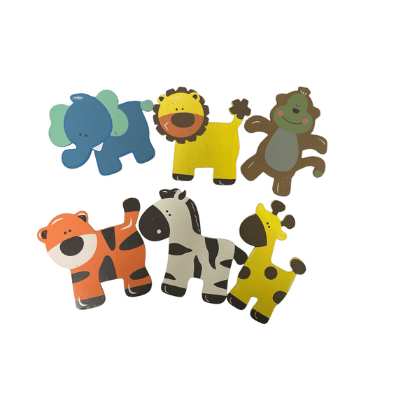 Charmed Assorted Wooden Animal Ornaments Monkey, Giraffe, Tiger, Lion, Elephant and Zebra for Safari / Jungle Themed, Baby Room Decor, 6 Pieces