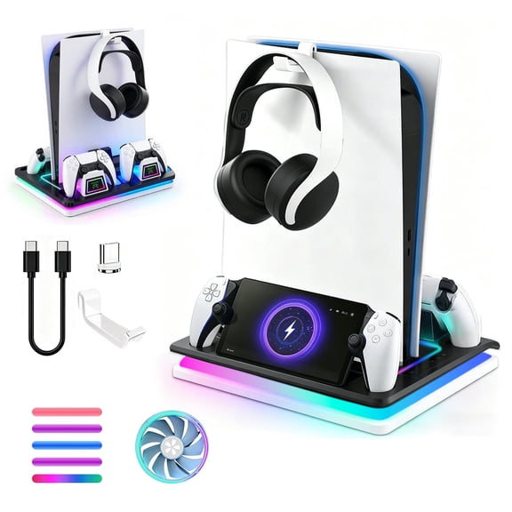 Compatible for Ps5 Cooling Stand Playstation 5 Accessories with Charger Ps Portal Charging Dock Rgb For Ps5 Console/Ps5 Slim Digital &Ultra Dual Controller Charging