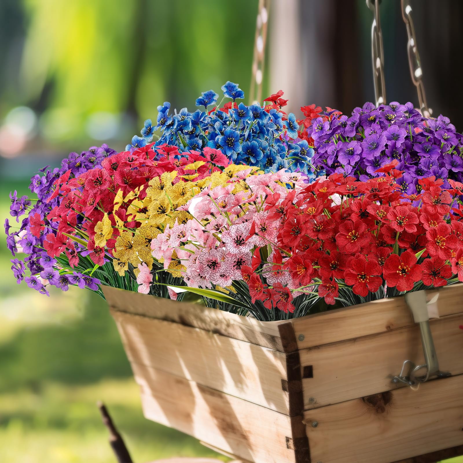24 Bundles Artificial Silk Violet Flowers Realistic UV Resistant Outdoor Fake Plants for Indoor/Outside, Front Porch, Garden, Hanging Planter, Window Box Decoration (Dark Purple)