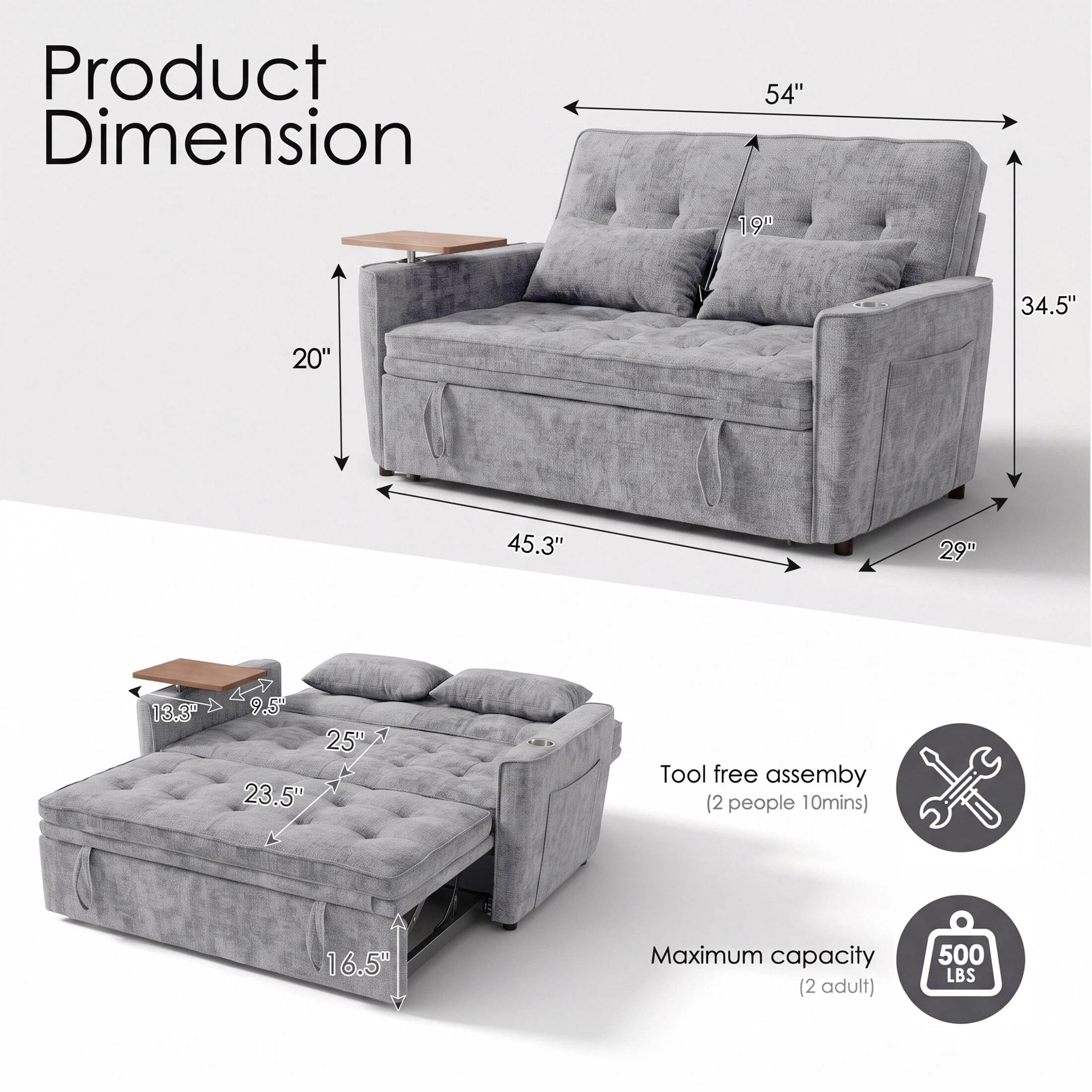 AISWORD 54" Convertible Pull Out Sleeper Sofa Bed, Chenille Loveseat Couch with USB Port, Side Tray Table, Cup Holder, Storage Pockets & Adjustable Backrest for Small Spaces, Light Gray