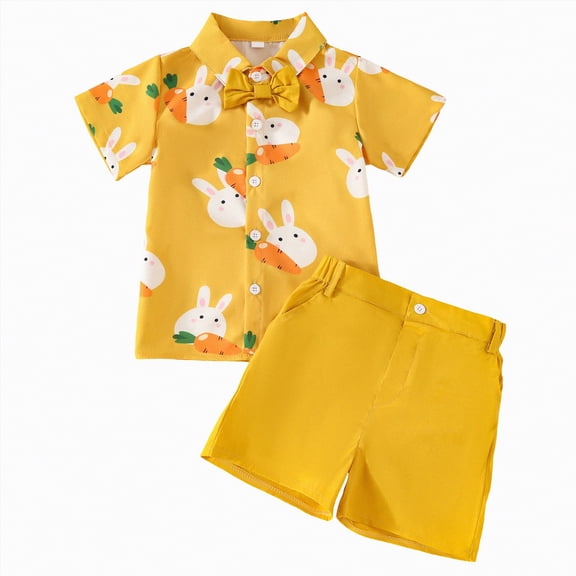 Toddler Boy Outfit Set with Bow Tie Easter Cartoon Print Button Down Shirt and Pocket Shorts Set for Summer