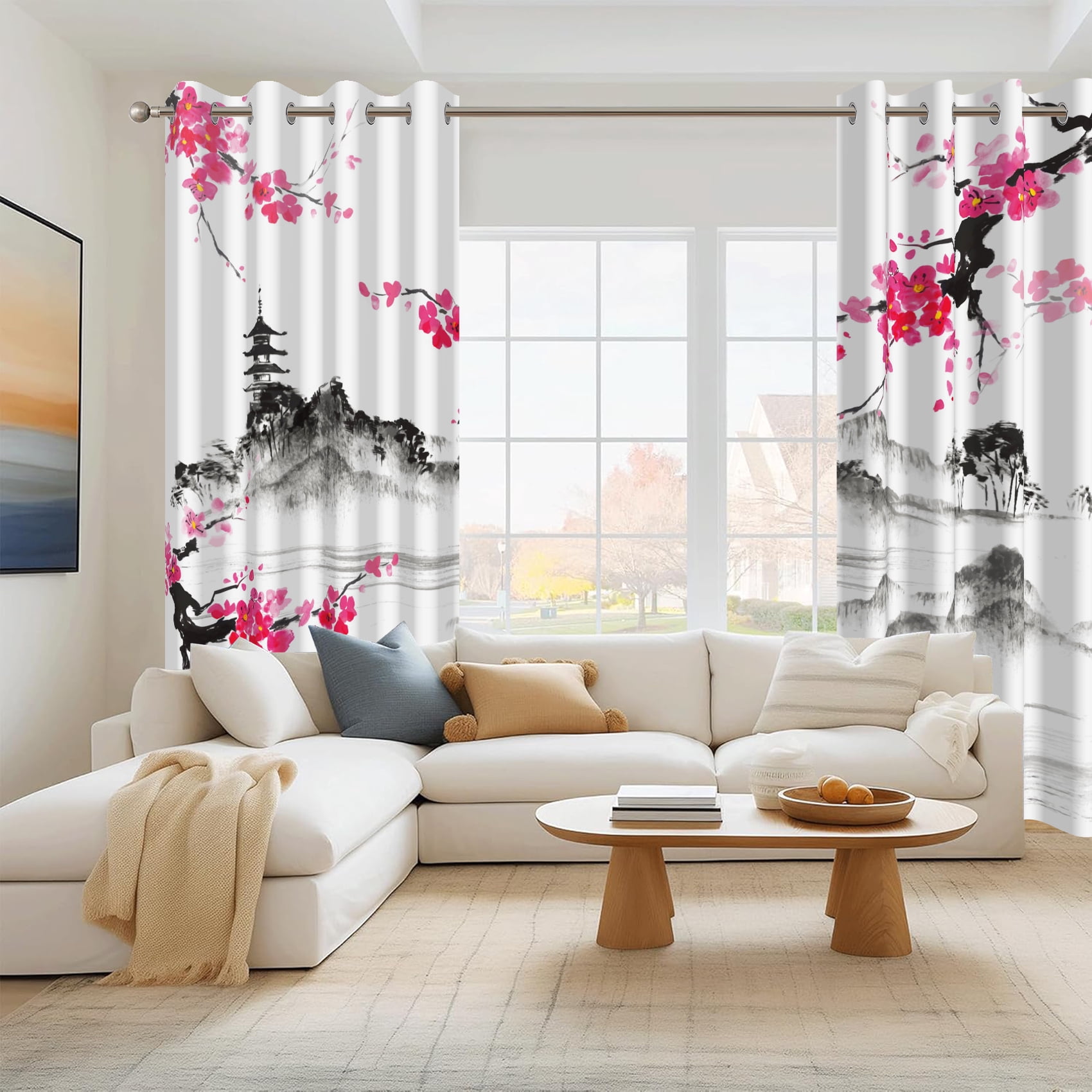 Japanese Cherry Blossom Blackout Window Curtains for Living Room,Thermal Insulated Curtains,52x84 Inch,Set of 2