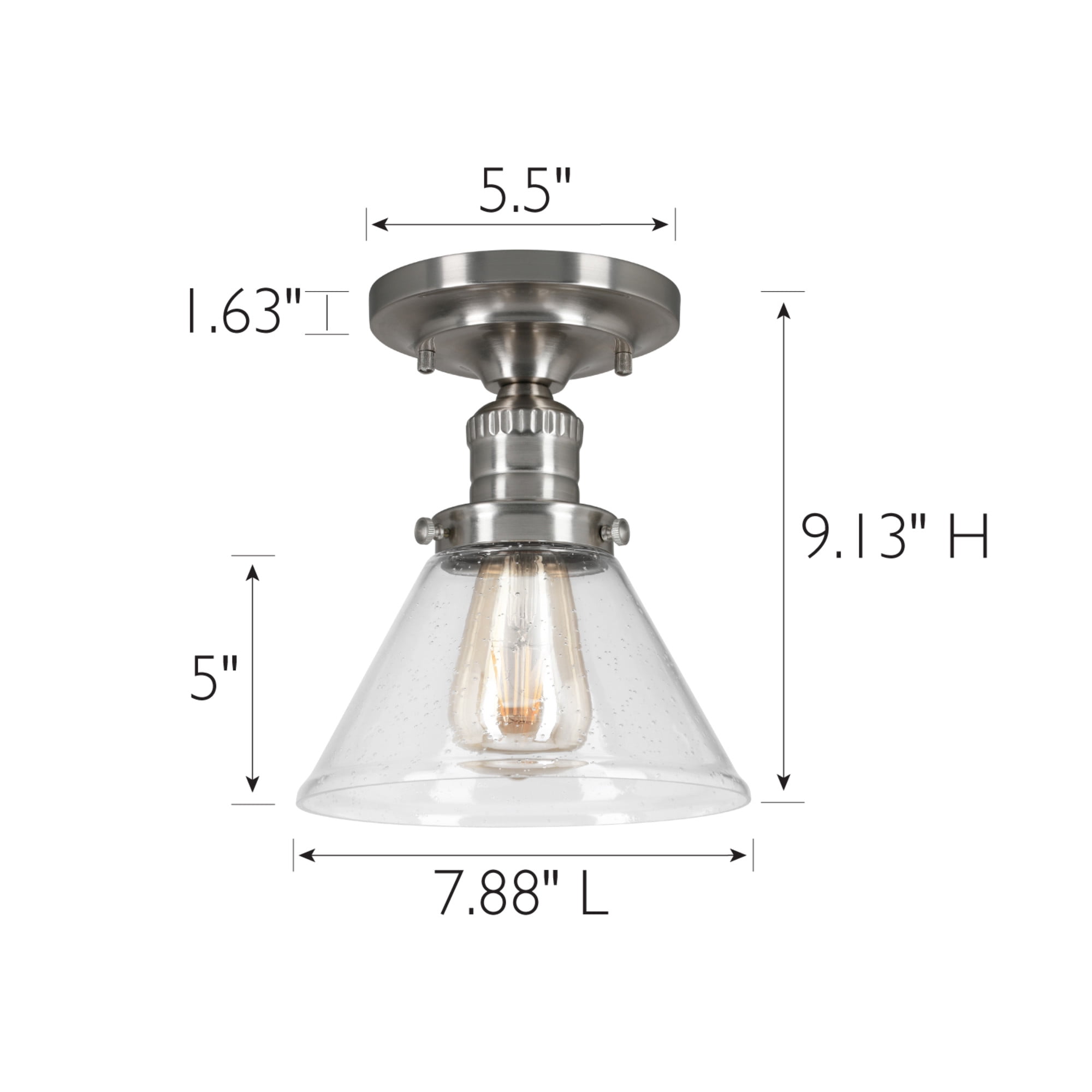 Corwin Ceiling Light, 1-Light Satin Nickel Semi-Flush Fixture with Seeded Glass, Dimmable, 7.9 in L x 7.9 in W x 9.1 in H