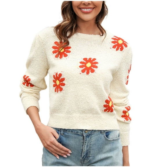 GigrtiJin Women's Flower Printed Sweaters Long Sleeves Crewneck Casual Pullover Sweater Tops Comfy Loose Warm Blouse