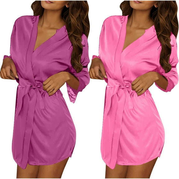 Nfurl 2 Pack Kimono Short Robes for Women Lightweight Pure Color Lace Trim Elbow Sleeve Sleepwear Comfy Spa Bathrobe Ladies Nightgowns Hot Pink Free Size