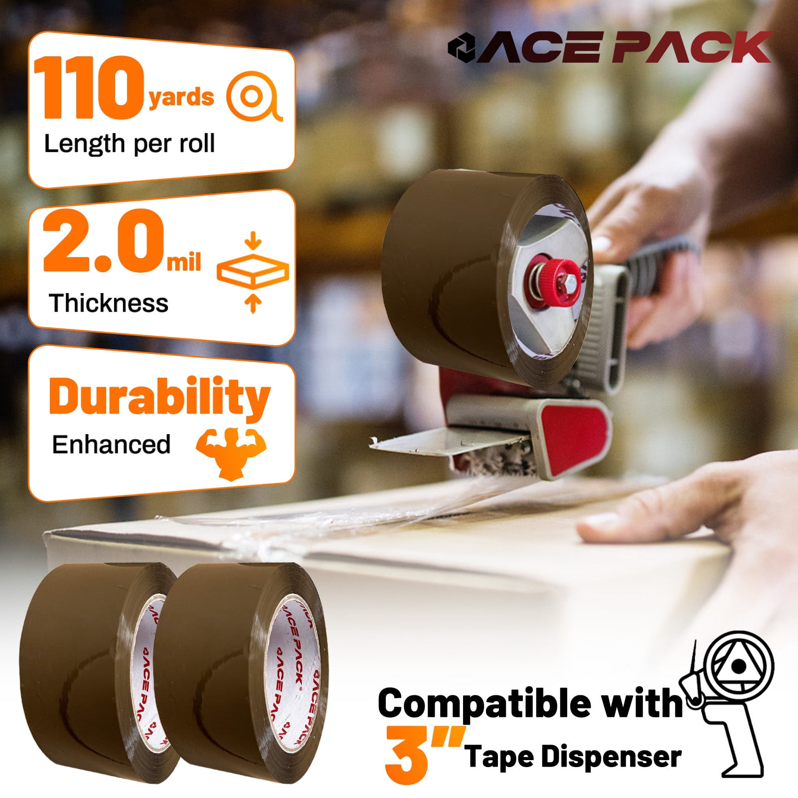 Ace Pack 3" Wide x 110 Yards Per Roll, 2.0 Mil Thick Heavy Duty Brown Packing Tape Sealing Tape Shipping Tape 12 Rolls