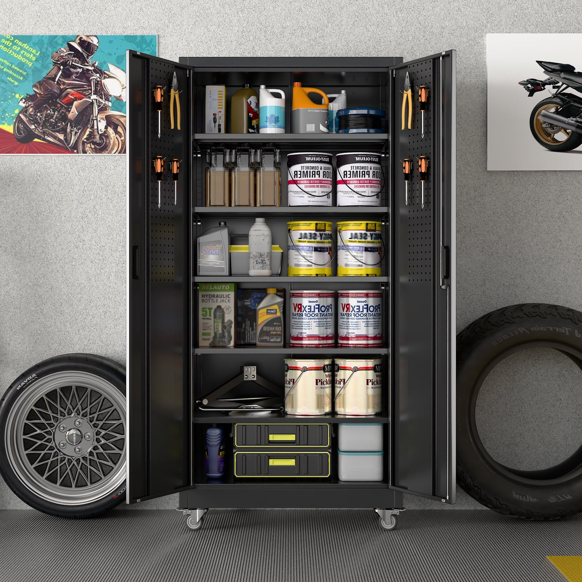 Aobabo Upgraded Wide & Deep Garage Storage Cabinets with Wheels & Pegboard,Lockable Metal Storage Cabinets 2 Doors&5 Shelves for Garage Home Office School,Assembly Required, Black