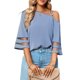 thumbnail image 1 of Camisa con hombros descubiertos para mujer, camiseta elegante con empalme de malla y manga acampanada transpirable a la moda para mujer, blusa azul gris XL, 1 of 7