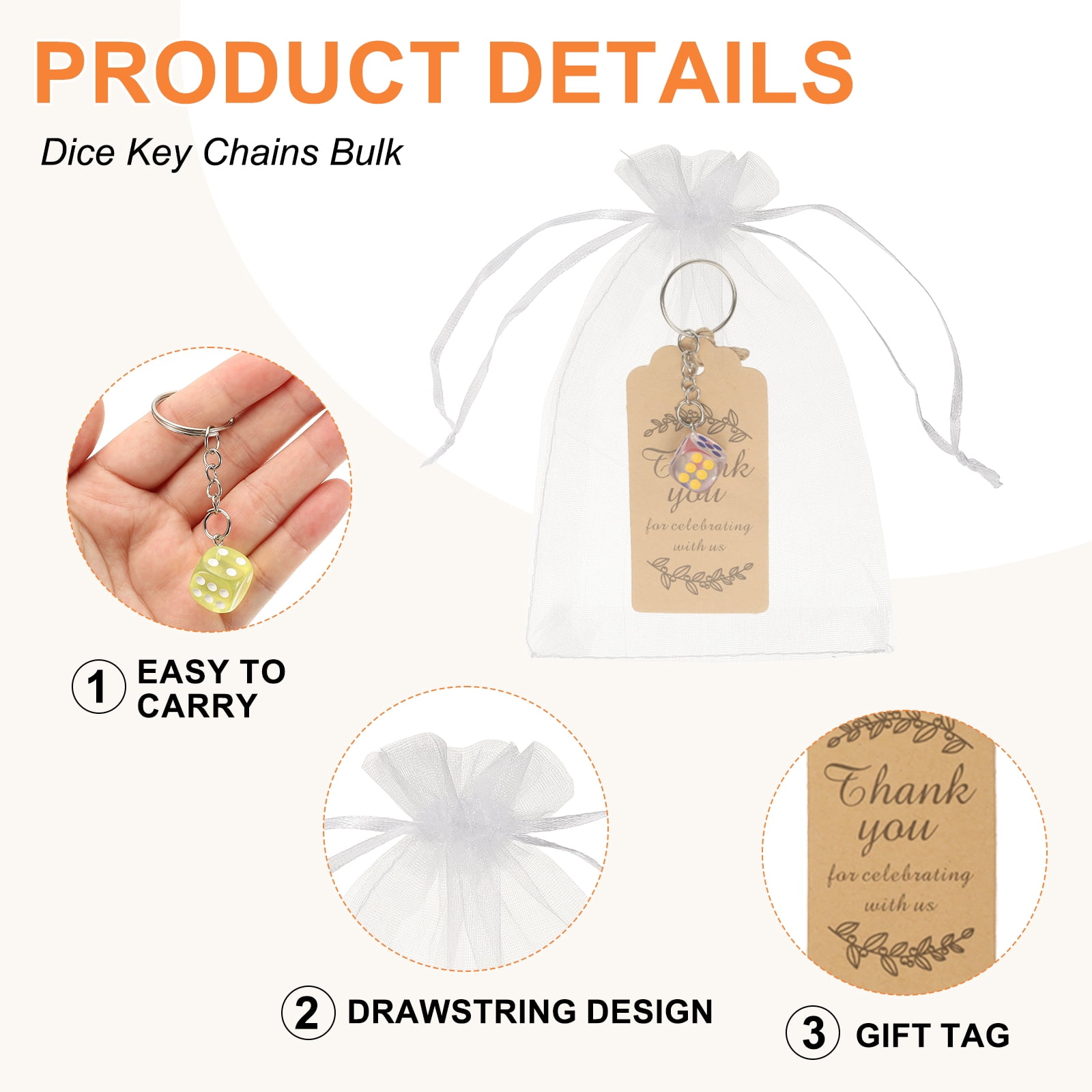 Uxcell Dice Key Chains Bulk with Jute Twine Gift Tag/Mesh Bag, Creative Keyring Charm Pendant for Bag Wallet Purse Car Cellphone Accessories, Yellow/Green/Red