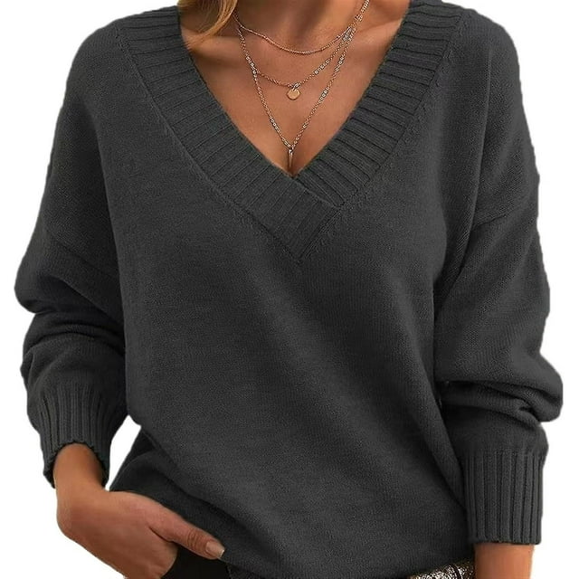 Pull Femme Ample et à la Mode Col en V Pull Décontracté Polyvalent Tricoté Sexy