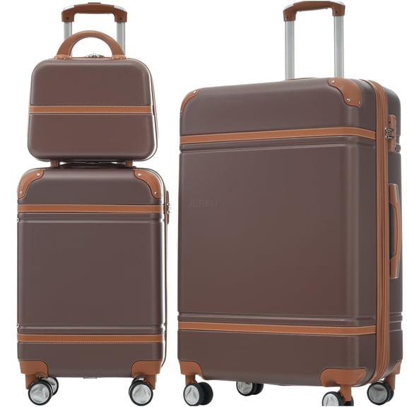 JERFIT 3-Piece Expandable Hardside Spinner Luggage Set with TSA Lock, Lightweight ABS Suitcase, 20in 28in & Cosmetic Case, Brown