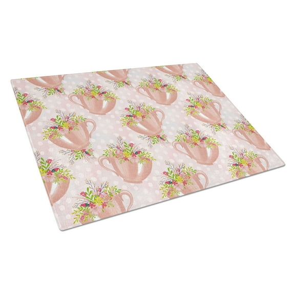 Caroline's Treasures Tea Cup and Flowers Pink Glass Cutting Board Large