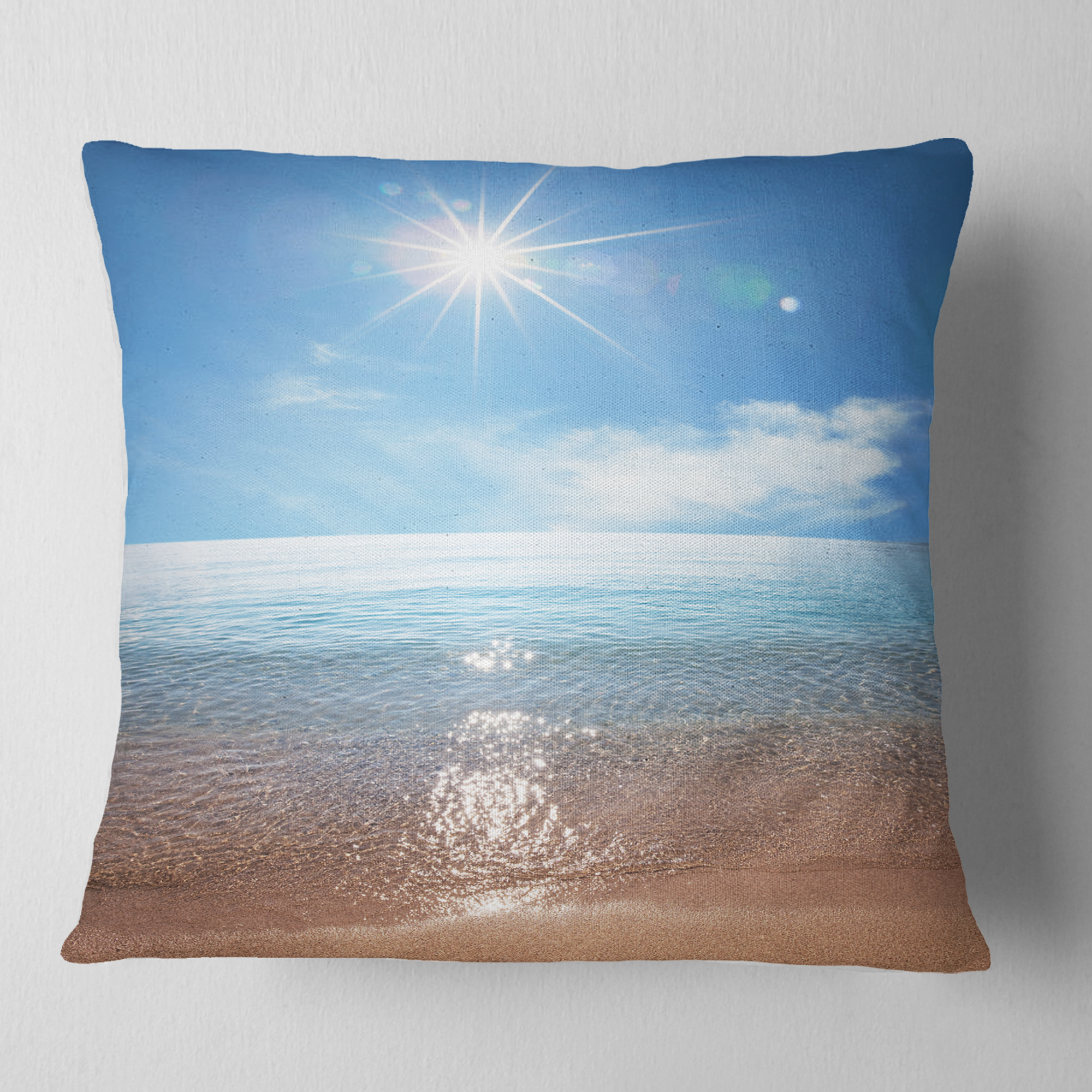 Designart Serene Seascape with Bright Sun - Modern Beach Throw Pillow - 18x18