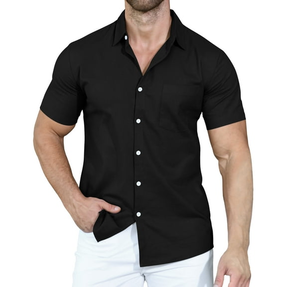 Aiyino Men's Casual Linen Button Down Shirt Short Sleeve Beach Shirt,Black