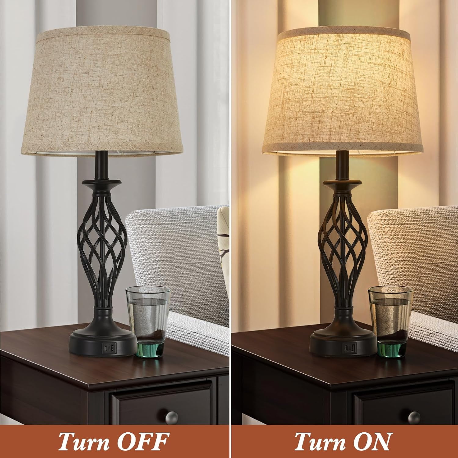 NATYSWAN Table Lamps Set of 2 with USB C+A Ports, Modern Bedside Lamps with Spiral Cage Base, Fabric Shade, Nightstand Lamp for Living Room Bedroom