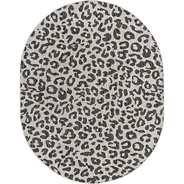 Unique Loom Outdoor Safari Collection Transitional Indoor & Outdoor Wildlife Inspired Animal Print with Leopard Design Area Rug (7' 10 x 10' 0 Oval, Black/ Light Gray)