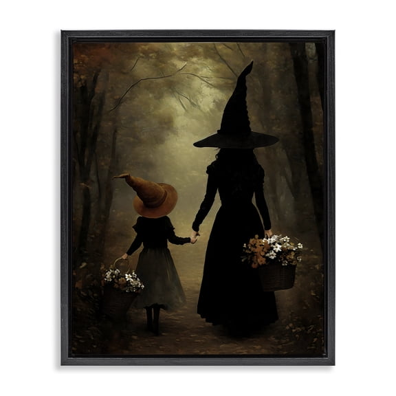 Witch & Daughter Mystical Forest Black Framed Floater Canvas Wall Art, design by Arlington Prints