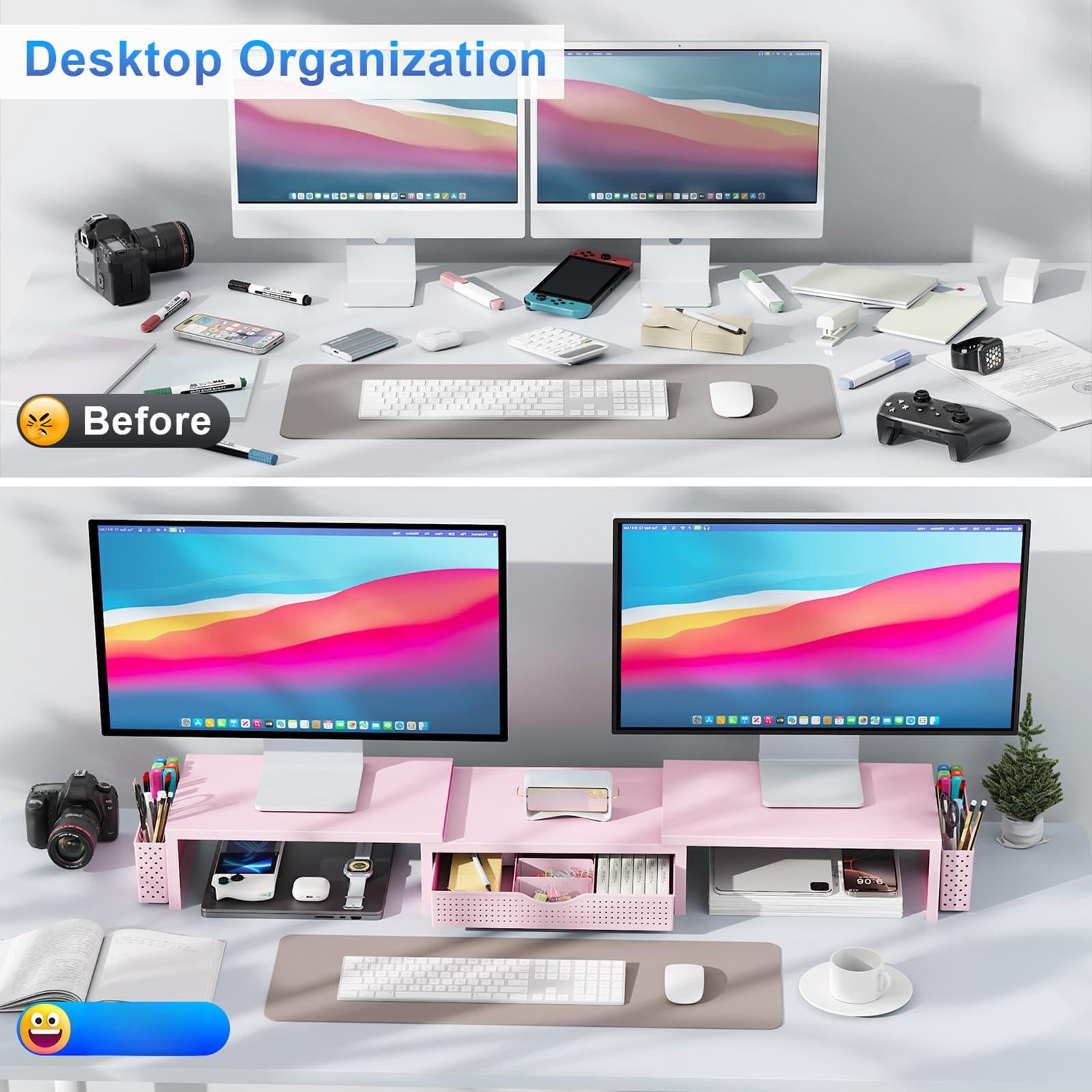 Dual Monitor Stand Riser  Desk Organizer With Drawer And 2 Pen Holders Organizers Accessories Pink Office Supplies (pink)