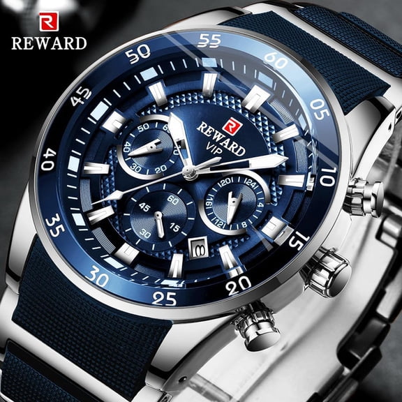 Men's VIP Luxury Chronograph Watch, blue dial, stainless steel case, silicone strap, water-resistant sports watch with date display, chronograph, luminous hands, stainless steel and silicone strap.