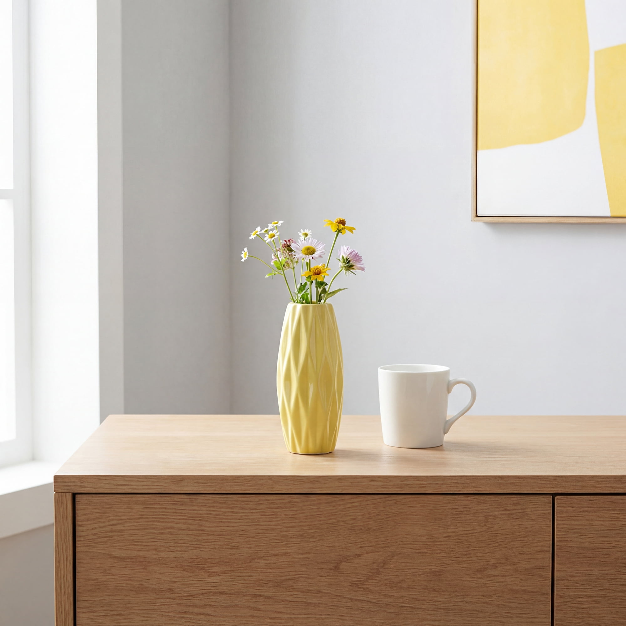 Unique Bargains Small Ceramic Modern Vase Matte Decorative Flower Vase for Desktop Yellow