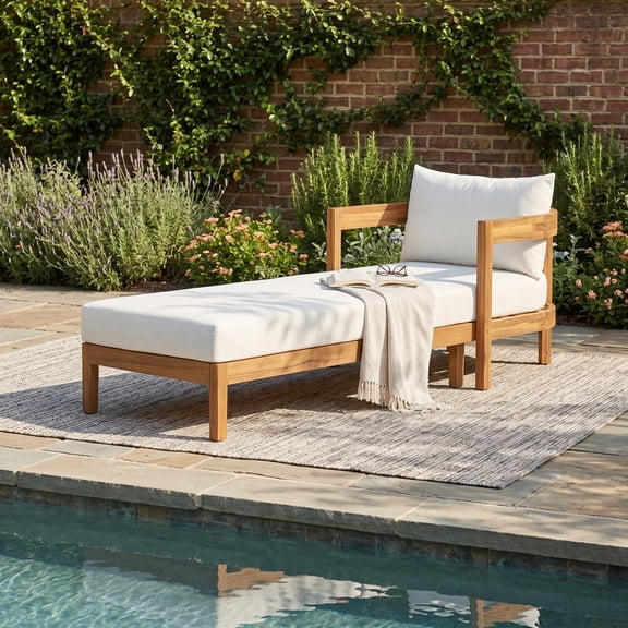 Christopher Knight Home 77" Acacia Wood Outdoor Chaise Lounge with Cushion, Curved Frame, Teak Cream